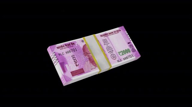 2000 Indian Rupee money stack animation icon with realistic bundled banknotes. 5 second smooth motion and transparent background, ideal for finance videos, banking apps, investment content,