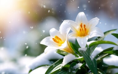 Obraz premium Snow-Covered Lily Blooming Softly in Gentle Snowfall Moments