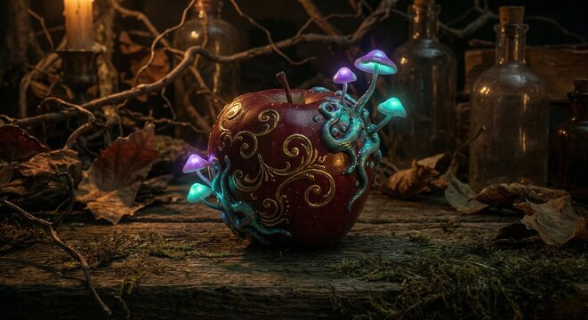 Enchanted Apple with Glowing Mushrooms in a Dark Forest, Golden Ornate Details, Mystical Fairytale Illustration for the fairy tale "Snow White and the Seven Dwarfs"