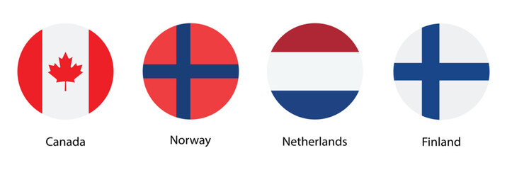 Obraz premium Round national flag icons with country names canada norway netherlands and finland flat vector set isolated on white background