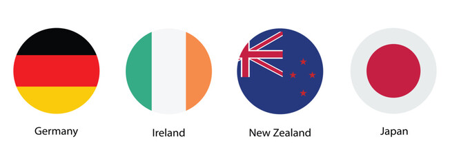 Fototapeta premium germany ireland new zealand and japan national flags in circular icons with country names isolated on white background vector illustration