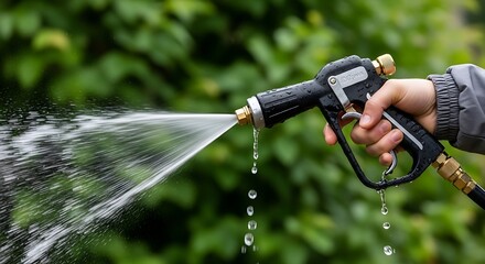 Naklejka na ściany i meble A child's hand sprays water from a black nozzle with a green, blurred background