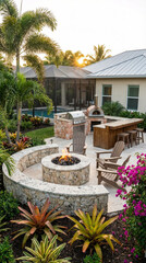 An outdoor living space featuring a fire pit, patio and kitchen set up in the garden at sunset