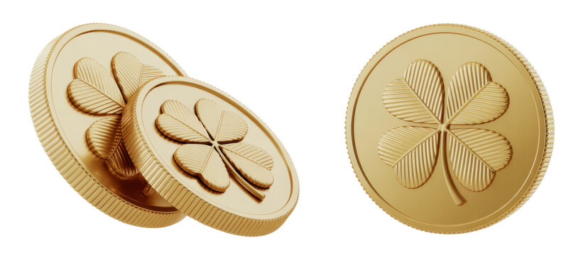 Gold coins with shamrocks luck fortune wealth isolated on a transparent background