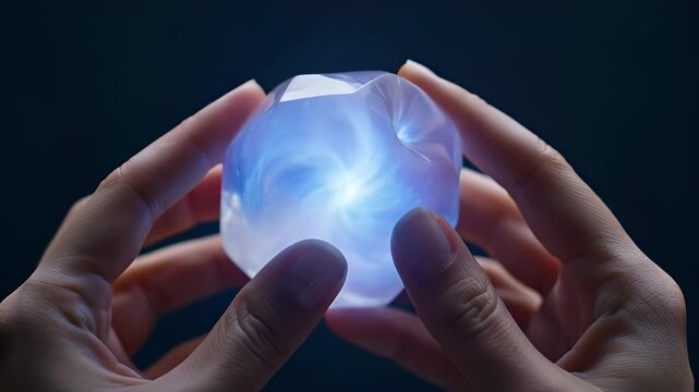 Hands holding a glowing multifaceted crystal cube with swirling light within it