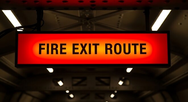 Red illuminated fire exit route sign with bright orange glow safety