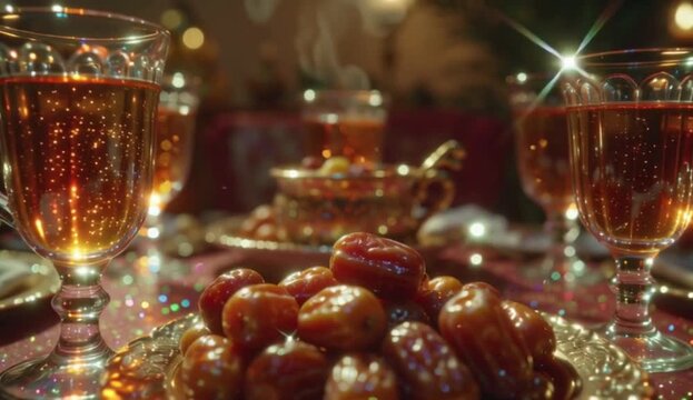Sparkling Arabian Tea and Dates on a Luxurious Festive Table with Elegant Traditional Tableware