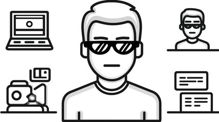 Obraz premium Programmer or IT specialist avatar with laptop and tech icons. Outline vector illustration of a developer with sunglasses.