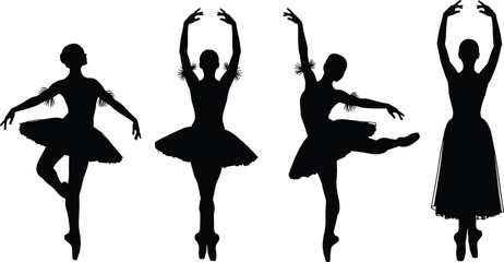 Four black silhouettes of ballet dancers in various poses white background © Borhan Creatives