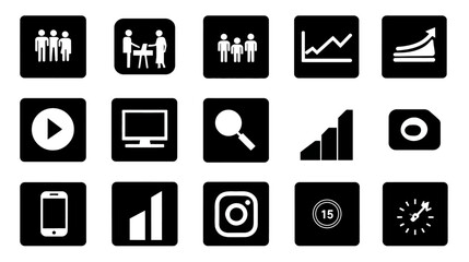 Modern flat design vector icon set for business, technology, social media, communication, data analysis, and office concepts on black squares.
