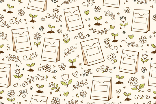Background design features seed packets, flowers, and plants in a simple pattern on a light background