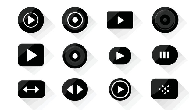 Modern flat design black media player control icons set with long shadow effect. Vector symbols for video and audio playback.