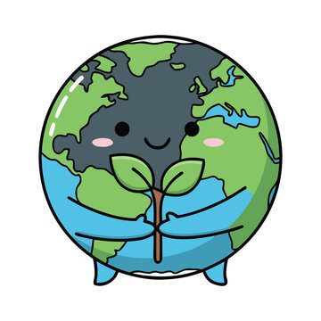 Caring Earth Character Embracing Green Plant in a Simple Illustration Style from a Front View