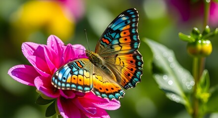 Vibrant multicolored butterfly with bright blue and orange wings rests gently upon a dew-kissed bright magenta flower bloom