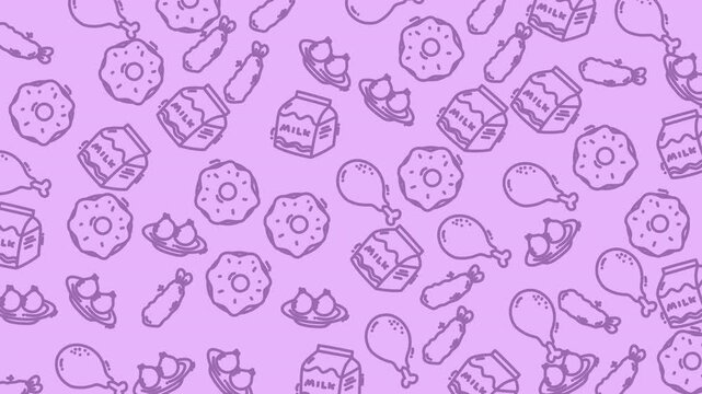 Seamless purple food icon pattern featuring hand drawn donuts milk cartons chicken drumsticks and candy Flat outline design perfect for packaging branding web and textile.