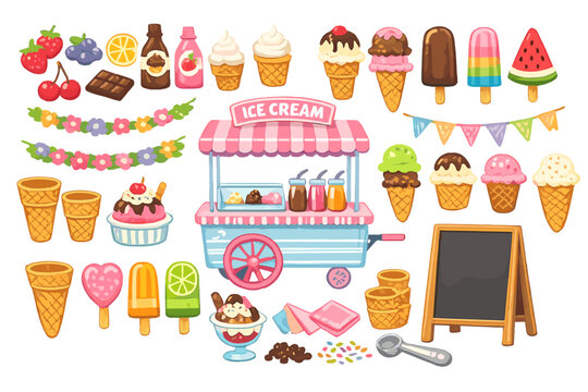 Fun ice cream cart with different flavors, cones, and toppings on a sunny day in a park