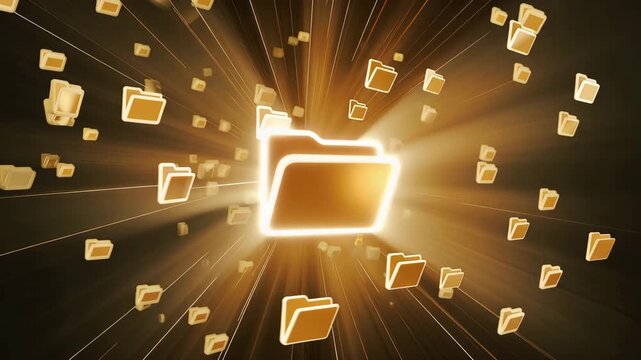 Digital Data Flow: A radiant network of files radiates outwards from a central folder, symbolizing the seamless flow of information and the power of data management. 