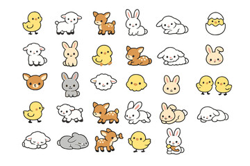 Fototapeta premium Cute animal characters in various poses with bright colors and playful designs, showcasing themes of nature and friendship