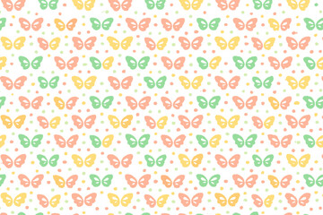 Colorful butterfly pattern on a white background with various shades and positions of butterflies scattered across the surface