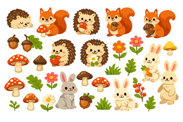 Naklejka premium Cute woodland animals including squirrels, hedgehogs, rabbits, mushrooms, and flowers in a bright scene celebrating nature and forest life