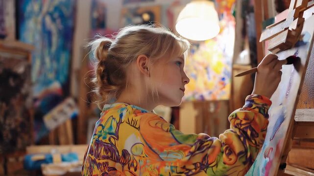 Young child creating art in a colorful studio filled with paintings and art supplies during the afternoon