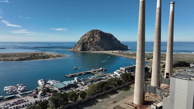 Morro Bay, California, USA &ndash; Elevated Aerial Shot of Harborfront Downtown, Morro Rock Formation, State Park Landscape and Scenic Wharf in San Luis Obispo County