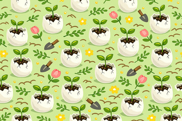 Obraz premium Gardening scene with plants growing in cracked eggshells on a green background during spring season