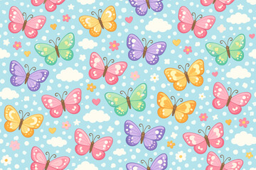 Butterflies of various colors flying over a light blue background with clouds and flowers during a bright day