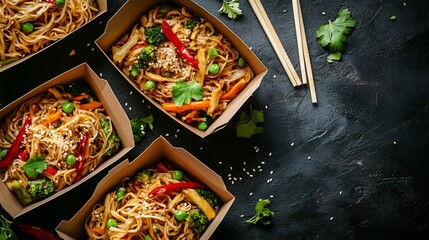 Overhead composition of stir fry vegetables noodles served in takeaway boxes with chopsticks beside
