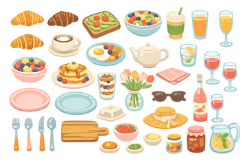 Breakfast and brunch food and drinks with plates, fruits, and pastries on a table for a lively morning meal setting