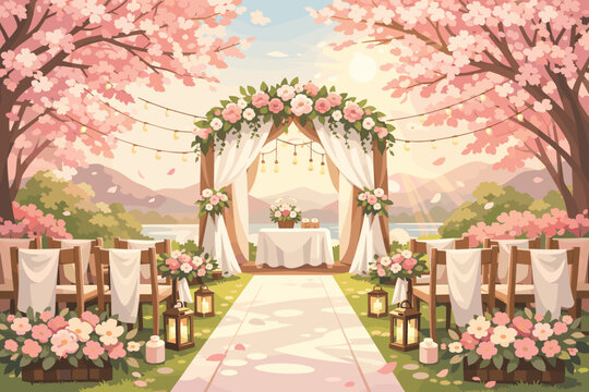 Beautiful outdoor wedding scene with cherry blossom trees and decorations on a sunny day by the water
