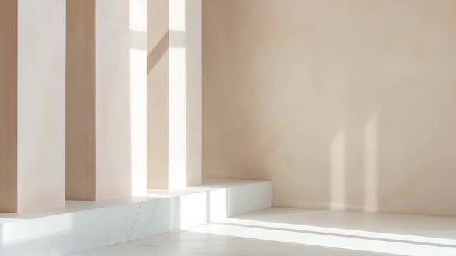 An animated background shows a linear design in an indoor space. Light streams through windows, creating shadows on the smooth walls and floor. The setting has a minimal look