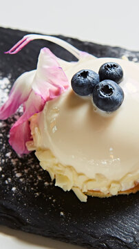 Elegant white chocolate mousse dome dessert topped with fresh blueberries and a floral petal
