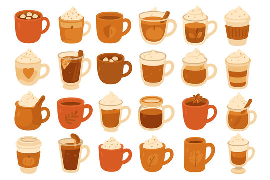 Various types of warm drinks in different cups on a white background