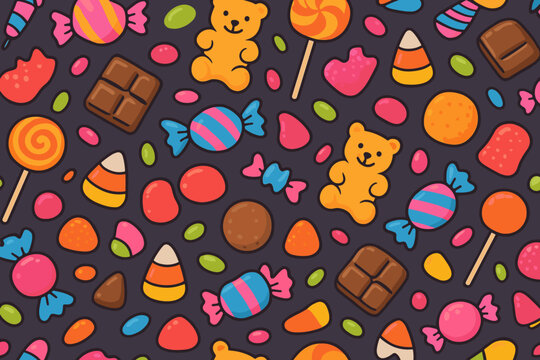 Colorful candy pattern with various sweets including gummy bears, lollipops, and chocolate pieces in different shapes