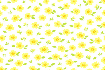 Fototapeta premium Bright yellow flowers and green leaves pattern on a white background showing a simple floral design