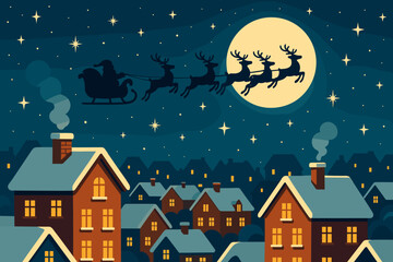Fototapeta premium Santa Claus flies over town in a sleigh pulled by reindeer during the night under a full moon and starry sky in winter