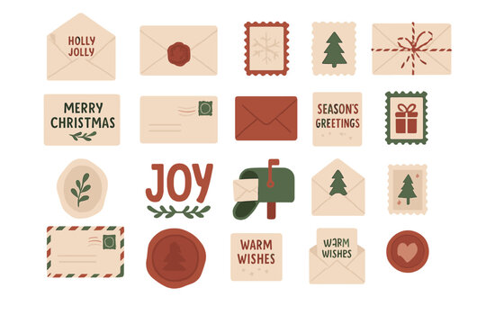 Holiday cards and envelopes laid out on a flat surface with festive designs and messages for joyful celebrations
