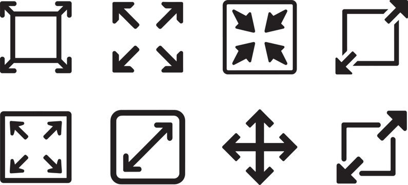 Resize icon set in multiple styles for UI, web, and app scaling tools. Editable vector EPS files pack.