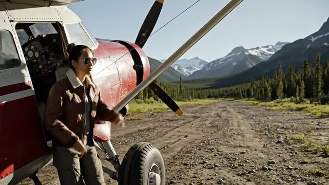Adventurer leaning on propeller plane in remote mountain landscape