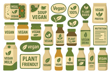 Vegan food items and drinks displayed on a simple background for plant-based diet choices