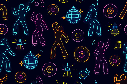 Colorful dance party theme with disco elements and music symbols on dark background