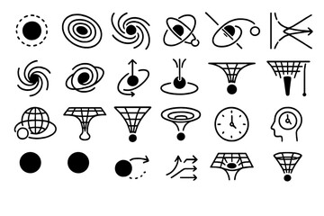 Fototapeta premium Icons and symbols showing space, movement and time in simple designs used for educational and creative purposes