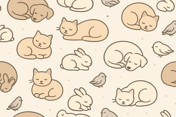 Cute animals resting in a patterned design with cats, bunnies, and birds on a light background