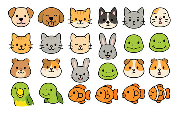 Obraz premium Cute animal faces showing dogs, cats, rabbits, and fish in various simple designs for kids or decorations