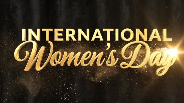 International Women's Day golden text with glitter on black background