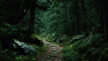 Fototapeta premium Dark Forest Trail Through the Woods