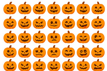 Collection of pumpkin faces in various expressions celebrating Halloween fun