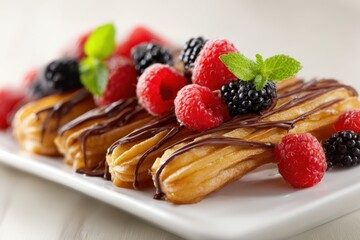 Elegantly plated churros dessert drizzled with chocolate, garnished with fresh raspberries, blackberries, and mint leaves on a white rectangular plate