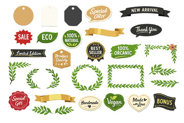 Various tags and labels designed for product marketing and promotions in a retail setting